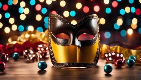 A golden masquerade mask sits on a wooden table, surrounded by festive decorations, including red and gold ribbons, dice, and sparkling lights.の写真素材