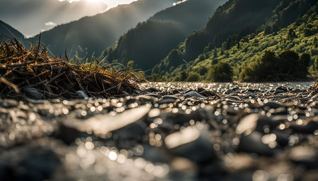 A close up of small pebbles reflecting the light from the sun, with blurred mountain backgroundの写真素材