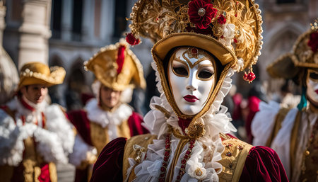 A close-up portrait of a person wearing a traditional Venetian carnival mask, showcasing the intricate details and beauty of the costumeの写真素材
