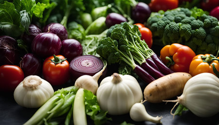 A close-up shot showing a variety of fresh vegetables and herbs, including tomatoes, garlic, broccoli, onions, peppers, and leafy greens, arranged on a dark surface, highlighting their vibrant colors and textures.の写真素材