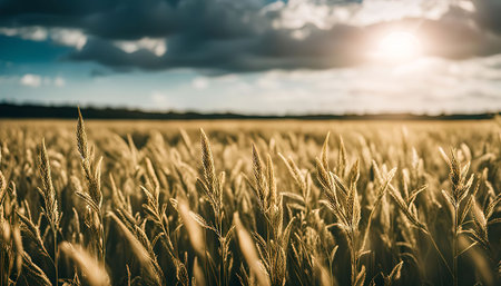 Close-up shot of golden wheat field with sun shining through clouds.の写真素材