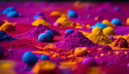 A close-up shot of vibrant colored powders and balls, showing a vibrant and colorful scene.の写真素材