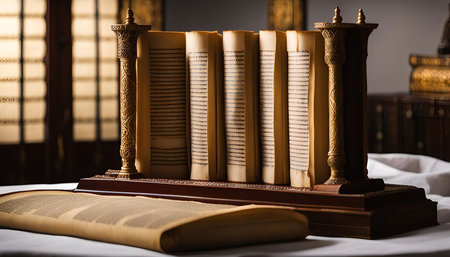 A collection of ancient scrolls displayed on a wooden stand intricately with gold details, highlighting their historical and religious significance.の写真素材