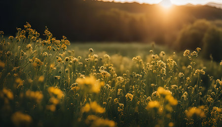 A close-up view of a field of wildflowers illuminated by the golden light of the setting sun.の写真素材