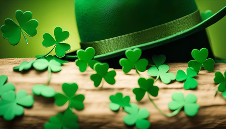 Close-up shot of a green hat and shamrocks on a wooden surface, symbolizing St. Patrick's Day celebrationsの写真素材