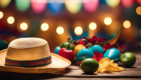 A still life of Mexican fiesta decor, featuring a straw hat, limes, tortilla chips, and colorful lights in the background.の写真素材