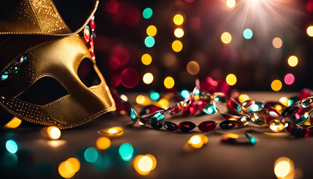 A golden mask with festive lights in the background. The mask is decorated with glitter and rhinestones, and the lights create a magical and celebratory atmosphere.の写真素材