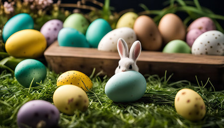 A cute white bunny peeking out from behind a large blue Easter egg with colorful Easter eggs in the background.の写真素材
