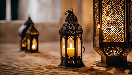 Three ornate lanterns, with intricate patterns, stand on a table. The light from the candles inside casts a warm glow on the surrounding space. The scene creates a festive atmosphere, evoking traditions and culture.の写真素材