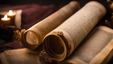 An ancient scroll, with ornate golden accents, lies open, revealing aged text, illuminated by the warm glow of candles. The image evokes a sense of history and wisdom.の写真素材