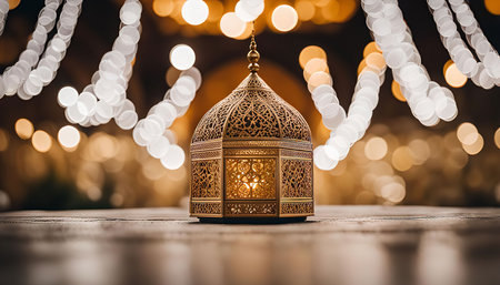 A golden lantern with intricate patterns sits on a wooden surface with a warm glow and bokeh lights creating a festive and celebratory atmosphere.の写真素材