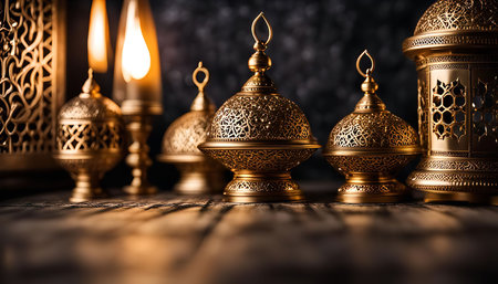 A collection of ornate golden lanterns intricately with designs, arranged on a wooden surface against a dark background. The lanterns are a symbol of celebration and light, often used during Ramadan and Eid.の写真素材