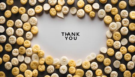 A close-up of a variety of buttons arranged to spell out "Thank You".の写真素材