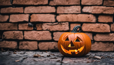 A lit jack-o'-lantern carved with a smiling face sits in front of a weathered brick wall. The pumpkin is illuminated from within, casting a warm glow against the dark background.の写真素材