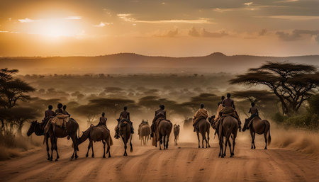 A group of riders on camels and horses traverse a dusty road in the African savanna at sunset. The golden light bathes the landscape in a warm glow, creating a sense of adventure and exploration.の写真素材