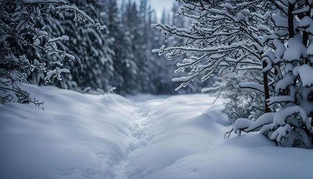 A snowy path leads through a serene winter forest. Snow-laden branches frame the path, creating a sense of tranquility and peace.の写真素材