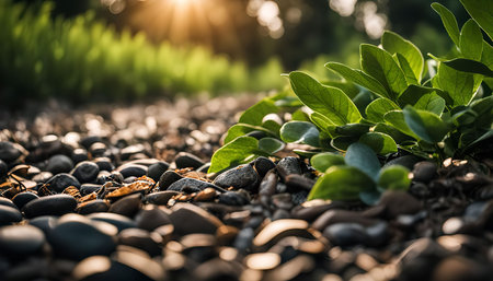 A close-up shot of vibrant green leaves sprouting through a bed of gravel, bathed in sunlight. The fresh foliage adds a pop of color to the otherwise earthy scene.の写真素材