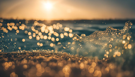 Close-up of seafoam and water droplets with a blurry sunset in the background, producing a dreamy, golden light effect.の写真素材