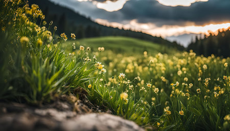 A vibrant green meadow with wildflowers in full bloom against the backdrop of a golden sunset over the mountains.の写真素材