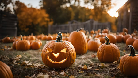 A lit jack-o-lantern sits in a field of pumpkins, glowing brightly against the backdrop of a warm autumn sunset.の写真素材