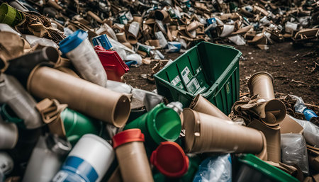 A close-up of a pile of recycled cardboard, plastic, and metal cups and containers. The image shows a variety of different colors and textures, and highlights the importance of recycling and sustainability.の写真素材