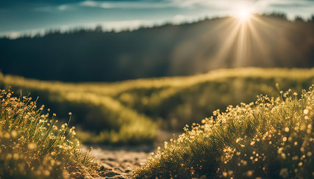 A beautiful meadow bathed in the golden light of sunset, with the sun's rays illuminating the green grass and wildflowersの写真素材
