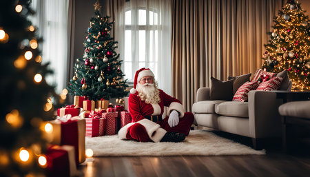 Santa Claus sits on the floor in a living room, surrounded by Christmas trees, gifts, and festive decorations. The atmosphere is cheerful and joyful, creating a magical winter wonderland scene.の写真素材