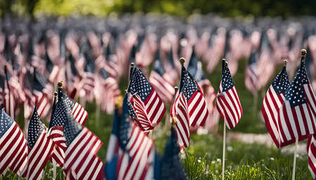 A field filled with American flags waving in the breeze, representing patriotism and remembrance.の写真素材