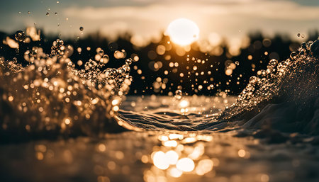 Closeup of a water splash with golden sunlight and sun reflection.の写真素材
