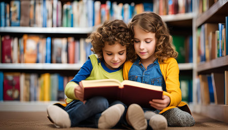 Two children, a boy and a girl, are sitting on the floor in a library, engaged in reading a book...