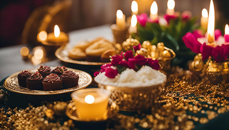 A close-up of a beautifully set table with candles, cupcakes, flowers and gold accents. The warm glow of the candlelight creates a romantic atmosphere.の写真素材