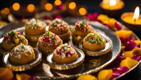 Close-up of a silver platter adorned with colorful Indian sweets, decorated with flower petals. A symphony of flavors and textures, these delicate treats are a testament to the rich culinary heritage of India.の写真素材