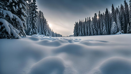 A beautiful snowy forest landscape with tall pine trees, a clear sky and a bright sun shining through the branches.の写真素材