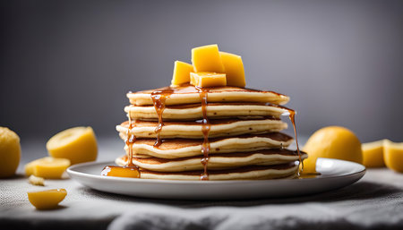 A stack of fluffy pancakes topped with slices and drizzled with syrup. The pancakes are golden brown and look delicious.の写真素材