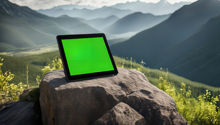 A tablet with a green screen sits atop a rocky mountain peak, overlooking a vast, picturesque landscape. The image showcases the power of technology to connect with the beauty of nature.の写真素材