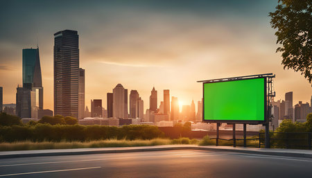 A large blank billboard stands against a beautiful city skyline, showcasing a vibrant sunset backdrop. The empty billboard offers endless possibilities for advertising and promotion in a bustling urban setting.の写真素材