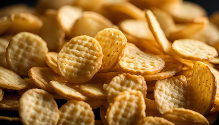 A close-up shot of a pile of crispy crackers, perfect for snacking or serving with a meal.の写真素材
