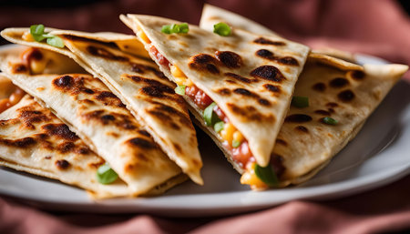 A close-up shot of a plate of freshly made quesadillas with a crispy exterior and a savory filling. The quesadillas are folded in half and topped with a sprinkle of green onions. The image captures the deliciousness and texture of the dish.の写真素材
