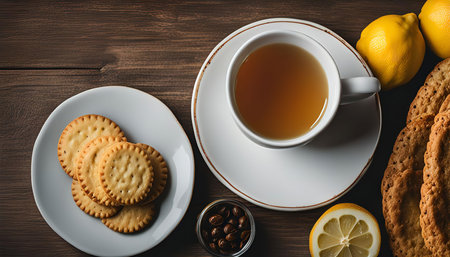 Closeup of tea, cookies, and lemon on a wooden table. A cozy and inviting still life settingの写真素材