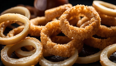 Close-up of crispy golden onion rings, a popular fast food snack or appetizer.の写真素材