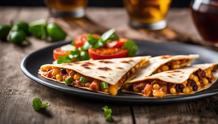 Close-up of three quesadillas filled with corn, beans, and cheese on a black plate. The quesadillas are served on a wooden table with a side of tomatoes and jalapenos. The image evokes a sense of warmth and comfort with its rustic setting and delicious food.の写真素材