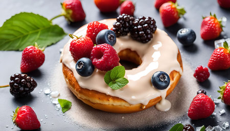 A glazed donut topped with fresh blueberries, raspberries, and blackberries. The donut is sitting on a gray surface, surrounded by more berries and mint leaves.の写真素材