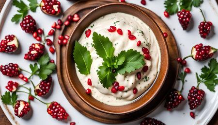 A white yogurt dip sprinkled with pomegranate seeds and garnished with fresh parsley leaves in a brown bowl, served on a white plate.の写真素材