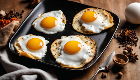 A close-up image of four fried eggs on a black plate, surrounded by spices and peppercorns. The eggs are perfectly cooked with runny yolks and crispy whites. The image is a classic representation of a breakfast meal, and it evokes a feeling of warmth and comfort.の写真素材