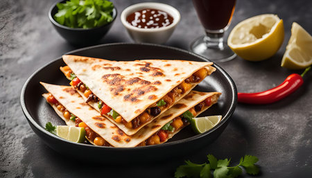 Close up of a plate of delicious quesadillas with chili, lemon, and salsa. The quesadillas are golden brown and crispy, and they are filled with a variety of ingredients, including cheese, peppers, and onions. The dish is a popular Mexican food that is often served as an appetizer, snack, or lunch.の写真素材