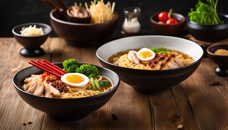 A bowl of ramen with broth, noodles, chicken, egg, and vegetables is a delicious and comforting meal.の写真素材