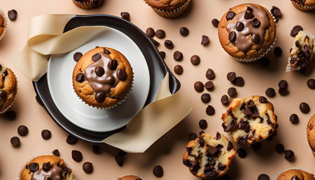 A plate of delicious chocolate chip muffins with chocolate glaze. The muffins are scattered around on a light brown surface, along with chocolate chips.の写真素材