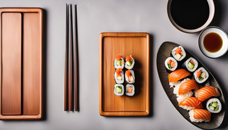A close-up shot of a plate of sushi with chopsticks and soy sauce. The sushi is arranged on a wooden plate and includes both nigiri and maki rolls.の写真素材