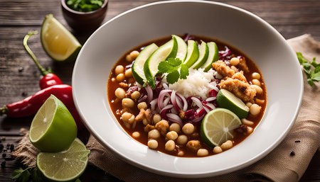 A close-up view of a bowl of Mexican soup with avocado, rice, and beans. The soup is garnished with red onion, lime wedges, and cilantro.の写真素材