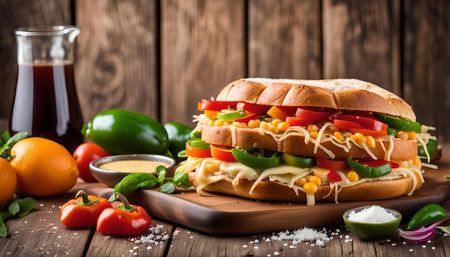 A mouthwatering sandwich layered with corn, tomatoes, peppers, and cheese, perfect for a delicious meal or snack.の写真素材